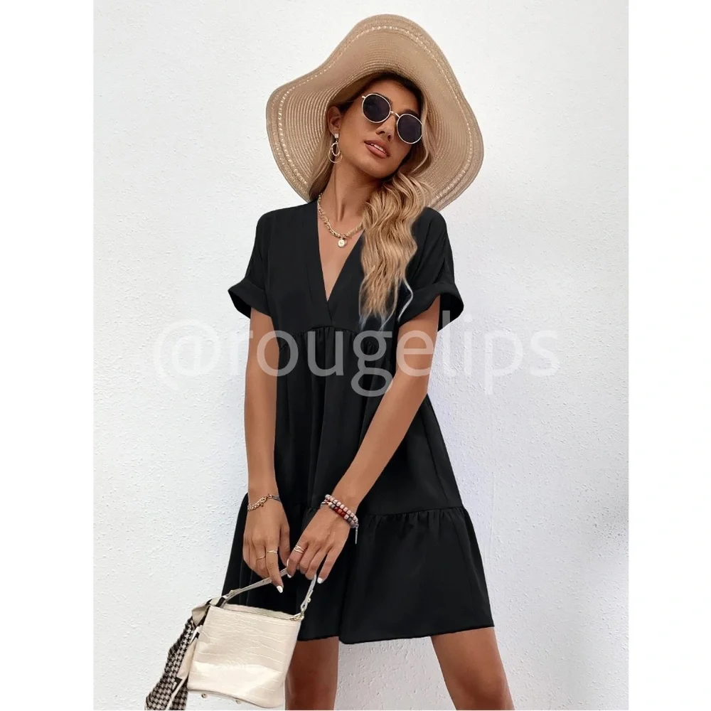 Black Short Sleeve Loose Fitting Mini Dress V-Neck Ruffle Flared Hem - Picture 2 of 8